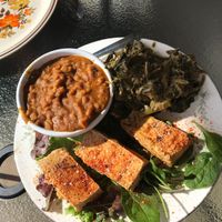 Piri Piri Tofu with 2 sides (peanut butter collards and chakalaka). Tofu wasn’t bad, LOVED the seasoning, but tofu itself was a bit bland. Sides were where it was at! Total stars at Zweli's Kitchen in Durham