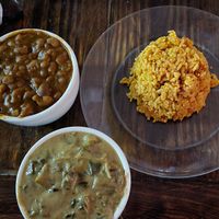 Sides platter - chakalaka, jollof rice and dovi collards (which were surprisingly creamy) at Zweli's Kitchen in Durham