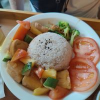 Sweet and sour golden tofu rice at Minf Houze Vegan Cafe in Kuala Lumpur