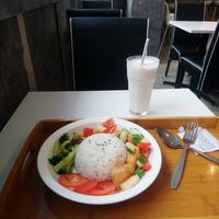 Sweet and sour tofu + kiwi milkshake. at Minf Houze Vegan Cafe in Kuala Lumpur