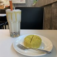 Mooncake with durian paste and a caramel boba 🧋  #Veganuary at Minf Houze Vegan Cafe in Kuala Lumpur