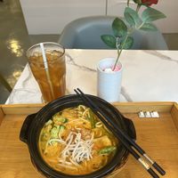 Curry Ramen and ice lemon tea  at Minf Houze Vegan Cafe in Kuala Lumpur