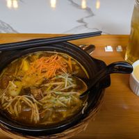 Assam Laksa, Pandan leaf iced tea and free mango pudding at Minf Houze Vegan Cafe in Kuala Lumpur