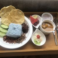 Nasi Lemak set meal with fruit and chocolate jelly. at Minf Houze Vegan Cafe in Kuala Lumpur