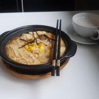 Udon soup and soya milk at Minf Houze Vegan Cafe in Kuala Lumpur