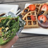 Veggie burrito (vegan) and vegan ulu waffles   at Farm To Barn in Haleiwa