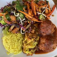 Mixed plate with rice - choose the vegan options   at The Cardamom Pod in Mullumbimby