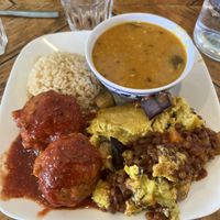 Medium plate - brown rice, dahl, koftas and lentil moussaka   at The Cardamom Pod in Mullumbimby