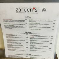 The menu   at Zareen's in Mountain View