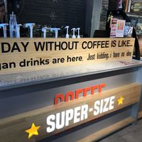 Cute humour! Snacks in the window. at Super Size Coffee in Ulaanbaatar