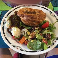 Chunky pie, mash n gravy, and green salad at Funky Pies in Bondi Beach