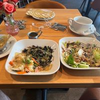 RFD Burrito bowl with Jackfruit and Basic 2 with Sea Vegetables and veggies 🥦 of the day with HOUSE (Tahini) and Gravy!  at Real Food Daily in West Hollywood