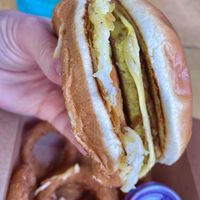The breakfast sandwich with onion rings  at Real Food Daily in West Hollywood