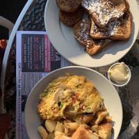 Veggie omelette with home fries and toast (and vegan butter) and french toast with sausage  at Speedway Cafe in Dover