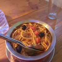 Spaghetti with tomato sauce at OR2K in Kathmandu