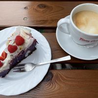 berry cake and oat milk cappuccino  at Portowa28 in Kolobrzeg