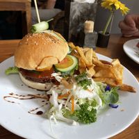 Jackfruit burger 🍔 fries and salad   at Chill Cafe in Ella