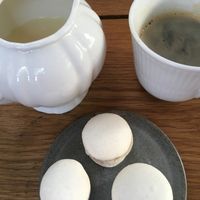 Macarons and coffee with soymilk at Nimb Gemyse in Copenhagen