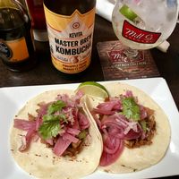 Pulled jackfruit tacos and kombucha at Mill St. Brew Pub & The Beer Hall in Toronto