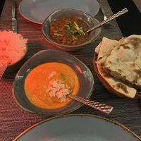 Rice, Chana Masala (top), Planted Butter Chicken (bottom) and Tandoori Roti  at Tamarind Hill in Zurich