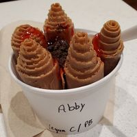 Vegan Chocolate base with peanut butter mix-in, strawberry syrup and oreo topping. at Curl de la Crème in Pigeon Forge