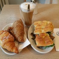 Apricot croissant, whole wheat croissant, latte macchiato, antipasti+hummus sandwich at Caffe Spettacolo in Luzern