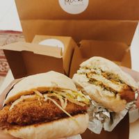 Unchicken burger and unfish burger at Mock in Kuwait City