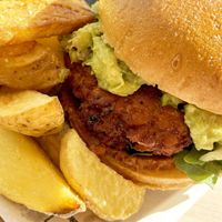 Vegan burger with guacamole (asked to omit cheese) and wedges at Meraki in Oviedo