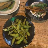 Charcoal roasted edamame, Wood roasted carrot with teriyaki miso and Eggplant bun with miso glaze  at Akiba in Canberra