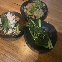Wok blasted asian mushrooms, chilli, tofu, cashews, Fried rice, snake beans, cucumber, chilli and steamed greens beans  at Akiba in Canberra