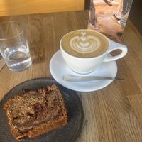 Vegan latte and vegan banana bread   at Fringe in Paris