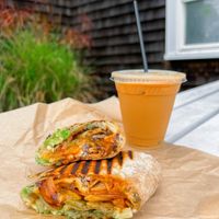 Vegan sunrise wrap- just egg, mushrooms, onion pepper, avo, pesto & vegan cheeeez at Rory's Market in Mashpee