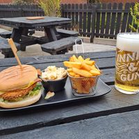 Chicken burger, chips and vegan coleslaw at The Beech Tree in Glasgow