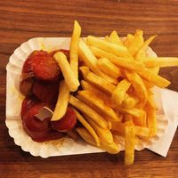 Vegan currywurst with chips  at Curry 61 in Berlin