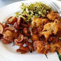 The two brown options were hard and crunchy at Shine Tong - Vegetarian Food Booth in Bangkok