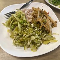 Fried mustard greens with eggs, bean curd with green curry #Veganuary at Shine Tong - Vegetarian Food Booth in Bangkok