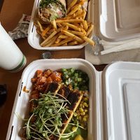 Buffalo chicken wrap and Buddha bowl  at Native Foods in West Los Angeles