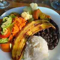 Vegan casado (rice, beans, plantain, steamed vegetables, salad with avocado) at Morphos in Monteverde