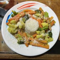 Curried vegetables and rice with coconut and almonds   at Morphos in Monteverde