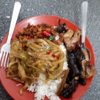 white rice, veggi4s, mock meat at Le Tian Vegetarian Stall in Kuala Lumpur
