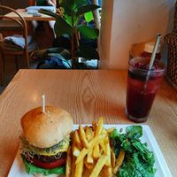 Plant cheeseburger with hibiscus ade at Plant Cafe & Kitchen - Itaewon in Seoul