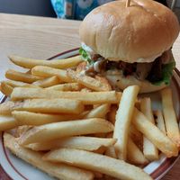 Mushroom burger and fries (fries are an extra 5k) at Plant Cafe & Kitchen - Itaewon in Seoul