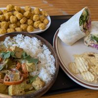 Tempeh wrap, tofu curry and popcorn chicken at Plant Cafe & Kitchen - Itaewon in Seoul