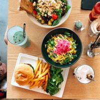 Our spread - plant cheese burger, veggie lentil bowl and sweet potato salad at Plant Cafe & Kitchen - Itaewon in Seoul