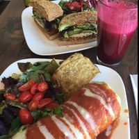 wet burrito and build-your-own burger plus berry smoothie at Golden Mean in Santa Monica