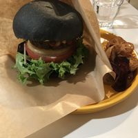 Veggie burger with bamboo charcoal bread.  at Hanada Rosso in Tokyo