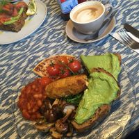 Vegan fry and oat milk flat white  at The Hideaway in Bridge Of Allan