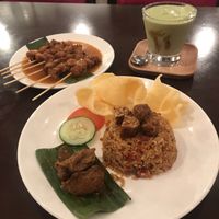 Fried rice rendang, satay and avocado milk at Warung Ijo in Central Singapore
