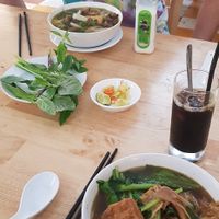 Pho, "duck" soup, Iced coffee, lotus seed milk at Huong Viet in Ho Chi Minh City