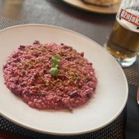 Beetroot risotto with pistachio crumb on top. Super tatsty  at Amfora in Dubrovnik
